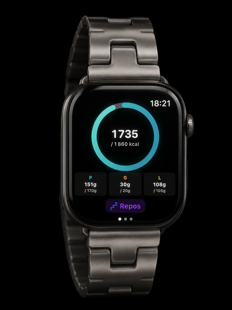 Apple Watch affichant l'anneau de calories Forge et les macros du jour