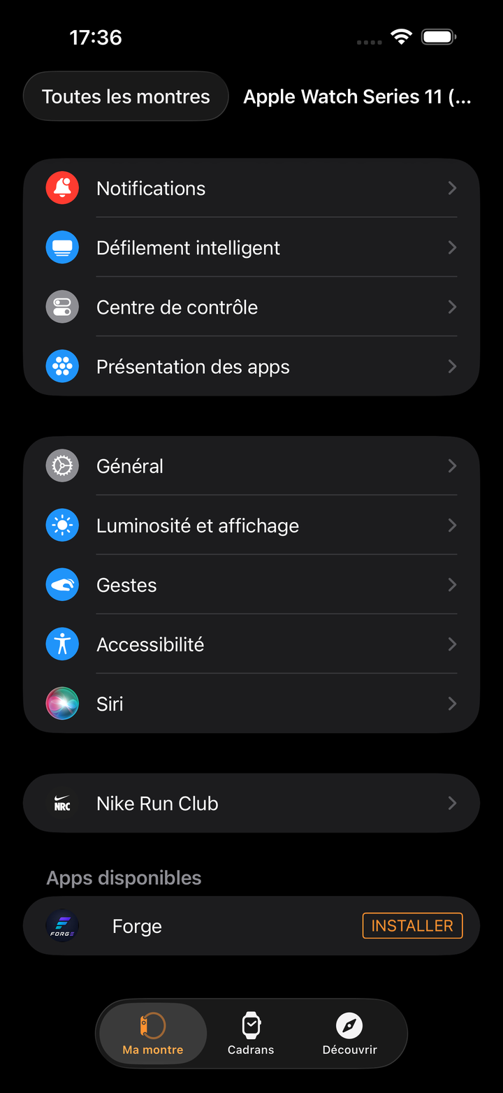 App Watch sur iPhone avec le bouton INSTALLER à côté de Forge